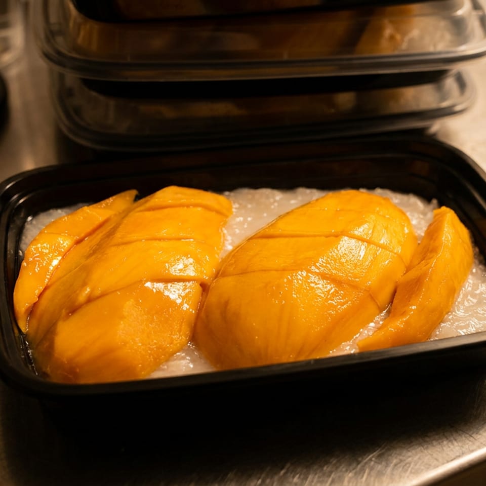 Mango sticky rice dessert in a black takeout container on a metal counter.