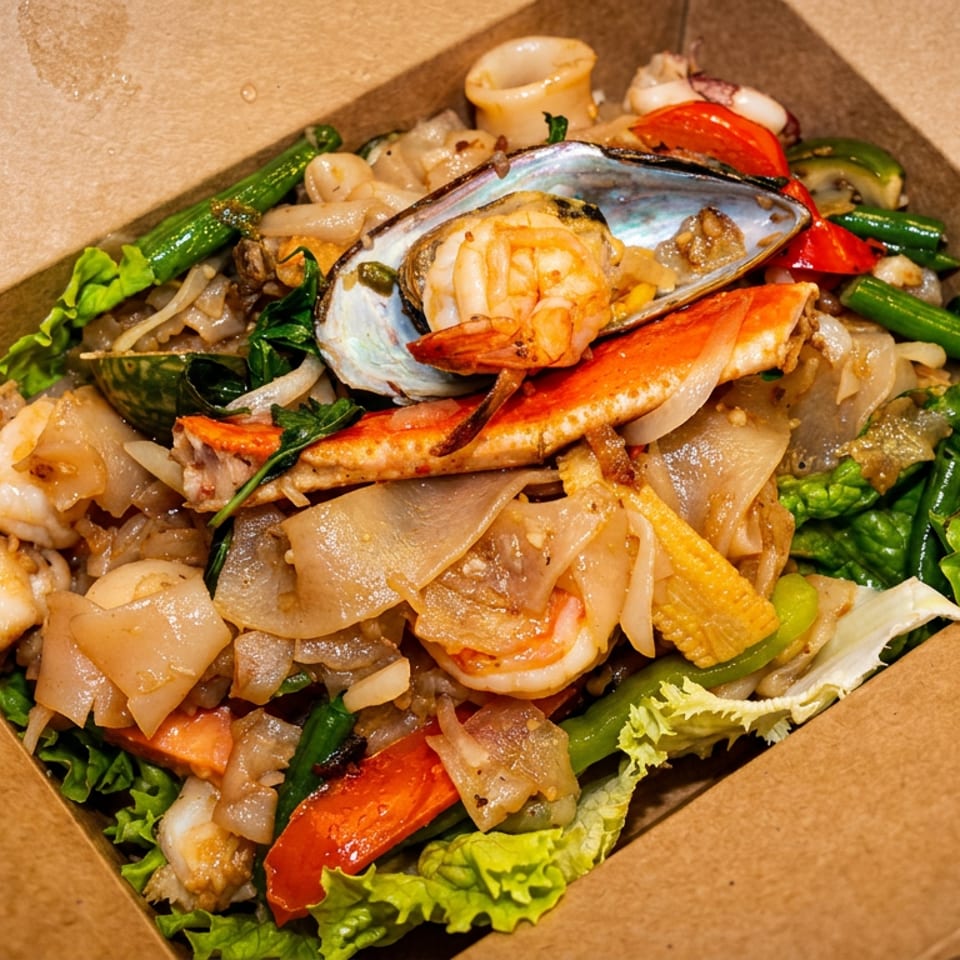 Seafood pad see ew with shrimp, mussels, crab, and vegetables in a takeout box.