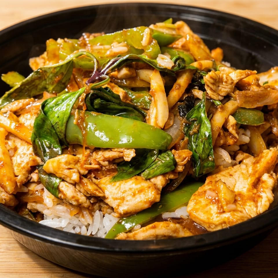Steaming chicken stir-fry with green peppers and basil over white rice in a black bowl.
