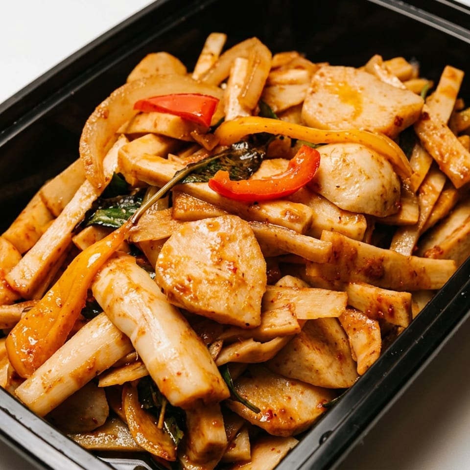 Stir-fried king oyster mushrooms with red and yellow bell peppers in a black takeout container.